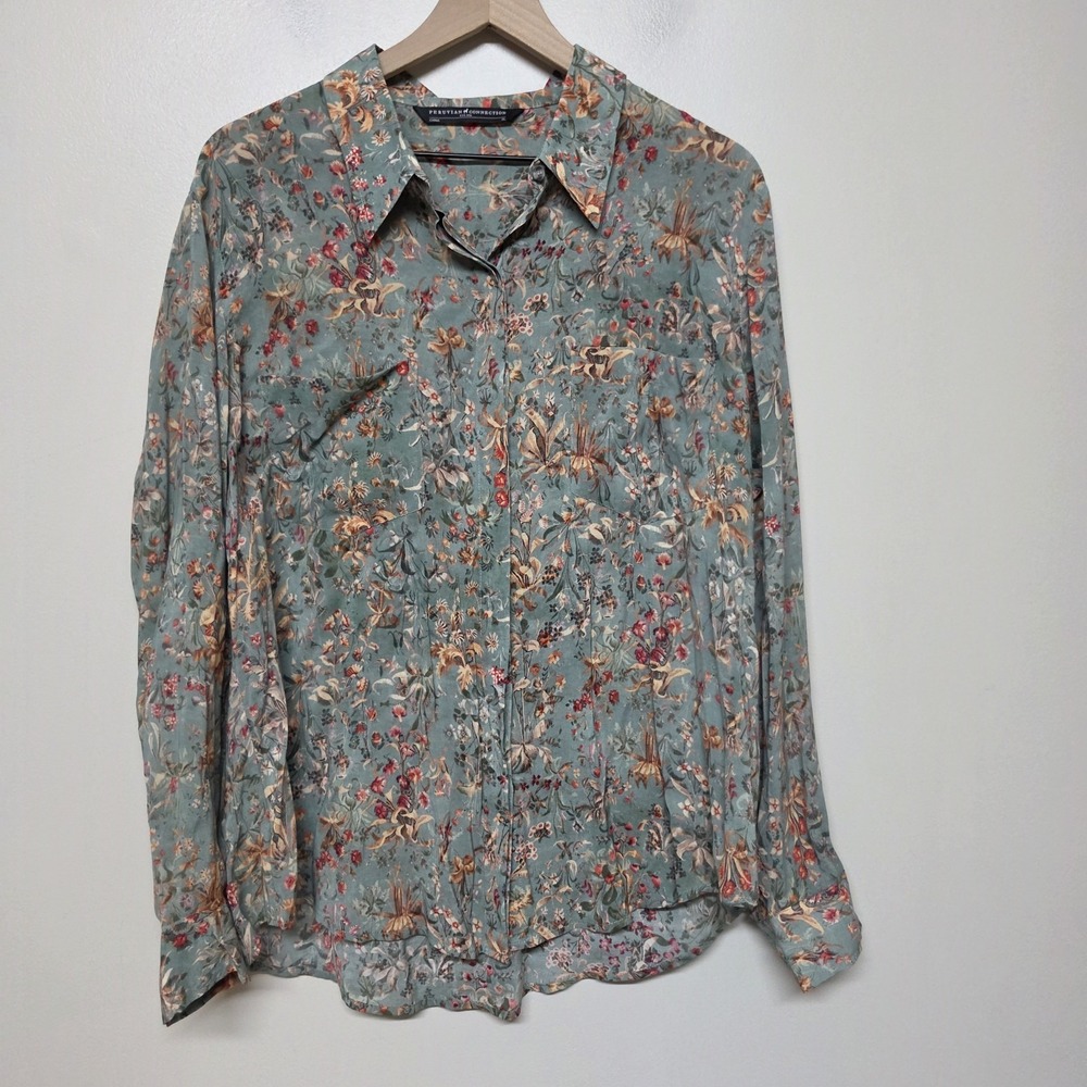 Peruvian Connection XL Floral Button Front Blouse Sage Green Rayon Modal Boho